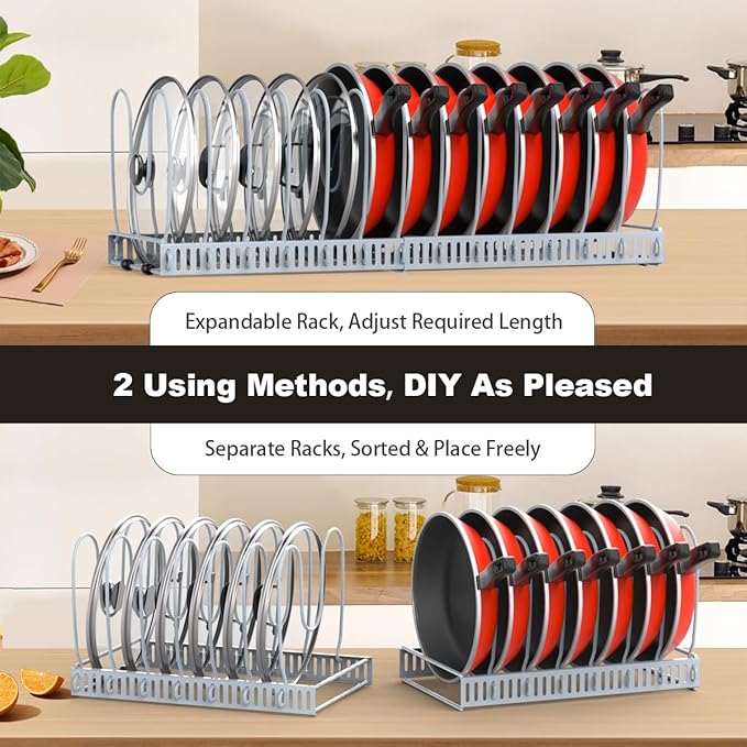 Pot and Pan Organizer Rack for Cabinet, Upgraded Expandable Pot Lid Organizer with 14 Adjustable Dividers, Pan Holder Storage Rack for Kitchen Cabinet, Grey
