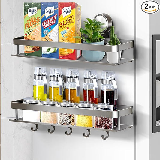 ONXE Suction Cup Spice Rack,2 Pack No-trace Seasoning Organizer with 5 Hook Rack/Hangers for Walls,Refrigerator,Oven,Cabinet,No Damage Pantry Organizers and Storage Shelf,Home and Kitchen Gadgets