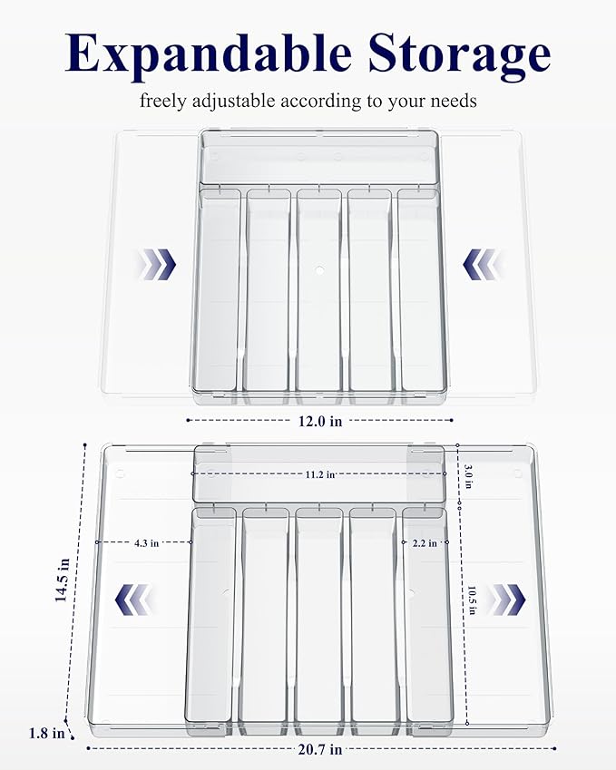 Kitsure Silverware Organizer - 8 Slots Expandable Drawer Organizer for Utensils & Cutlery, Multipurpose Kitchen Organizers and Storage Solution, Clear, 20.7″ x 14.5″ x 1.8″