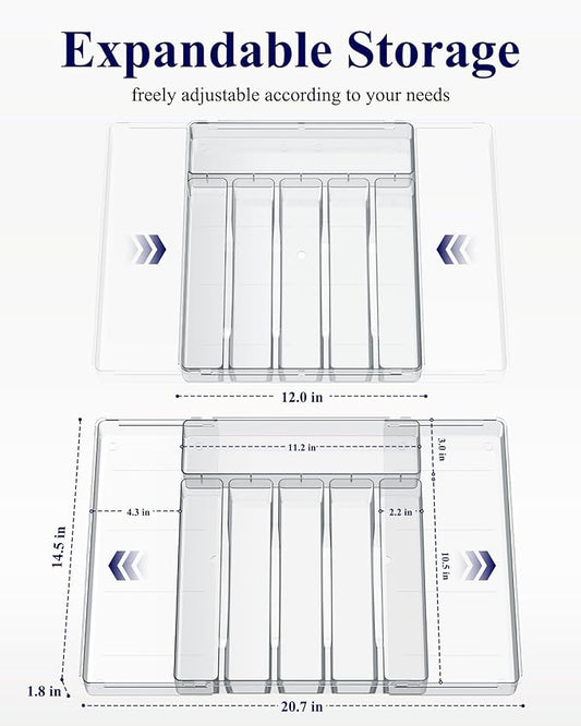 Kitsure Silverware Organizer - 8 Slots Expandable Drawer Organizer for Utensils & Cutlery, Multipurpose Kitchen Organizers and Storage Solution, Clear, 20.7″ x 14.5″ x 1.8″