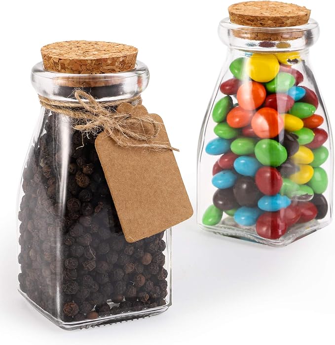 yarlung 30 Pack Glass Favor Jars with Cork Lids for Mother's Day Gift, 4 OZ Clear Small Candy Jars Set Square Decorative Bottles for Wedding, Baby Shower, Party Favor, Brown Labels and Strings