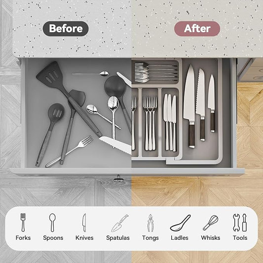 2 Pack Silverware Organizer, Expandable and Adjustable Kitchen Utensil Drawer Organizer, Plastic Cutlery Holder with Multiple Compartments,Cutlery Holder,for Spoons Forks Knives,Grey,UAFD012G