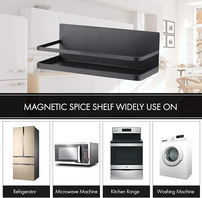 KES Magnetic Spice Rack for Refrigerator, Magnetic Shelf Spice Shelf for Kitchen, Fridge Shelf Space Saver 2 Pack Matte Black, KRR502-BK-P2
