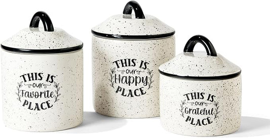 American Atelier Canister Set 3-Piece Ceramic Jars in Small, Medium, Large with Airtight Lids for Cookies, Candy, Coffee, Flour, Sugar, Rice, Pasta, Cereal & More (Happy Place)