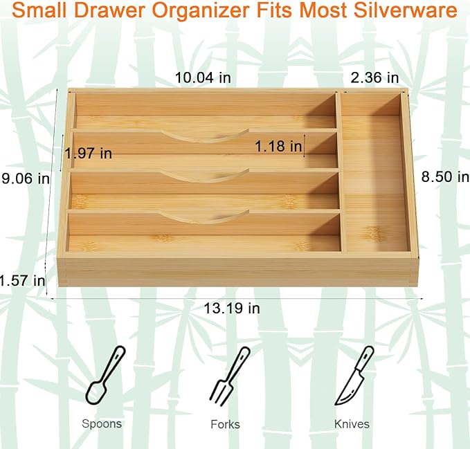 Bamboo Utensil Organizer for Kitchen Drawers, Utensil Tray and Cutlery Silverware Holder,Wood Drawer Dividers with 5 Slots