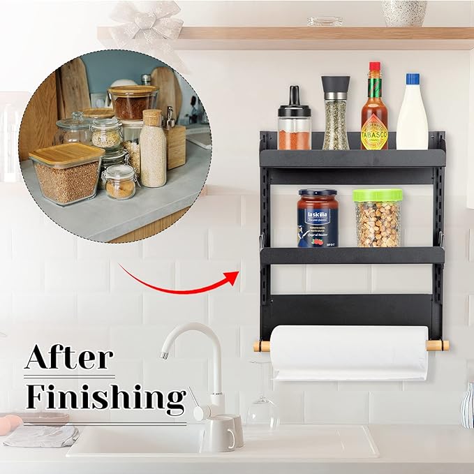 Magnetic Spice Rack, 2 Tier Magnetic Spice Organizer for Refrigerator, Magnetic Shelf with Paper Towel Holder for Kitchen Storage