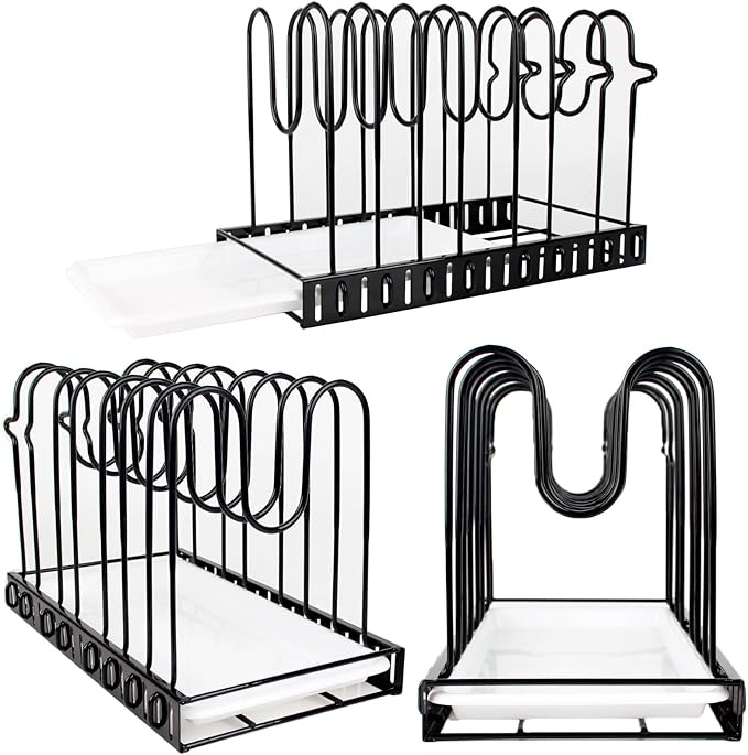 Pots and Pans Organizer for Under Cabinet, 8 Tier Adjustable Pot Organizer Rack for Under Cabinet, With Drain Tray Placeable Cookware Organizer Baking Cookie Cutting Board, 3 DIY Pot Rack Organizer