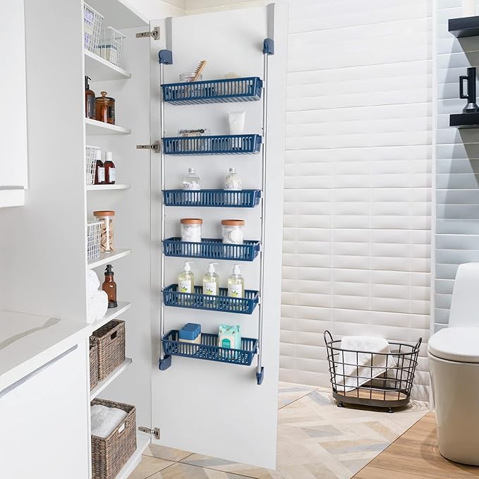 Smart Design Over-The-Door Organizer for Storage – Perfect for Pantry Organization, Bedroom, Bathroom Storage, Playroom, or Kitchen - Adjustable Steel Frame with 6 Baskets & Wall Mount – Blue …