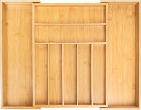 Large Expandable Utensil Organizer Silverware Organizer for Kitchen Adjustable Utensils Holder Bamboo Flatware Silverware Cutlery in Drawer (9 slot, Natural