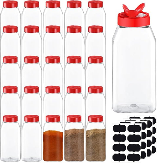 Ysglory 28 Pack 16 Oz Plastic Spice Jars Bottles Containers with Red Cap Empty Seasoning Bottles Large Clear Spice Shaker and Stickers for Storing Spice, Salt, Herbs