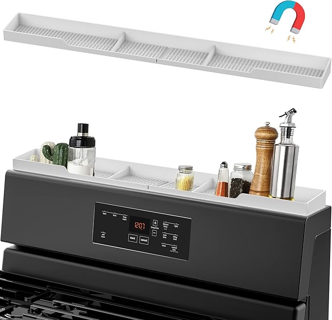 AWOKE Stove Top Shelf 30 Inch - Silicone Material Magnetic Shelf for The Stove - 3 Functional Partitions Kitchen Spice Rack Organizer - White