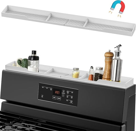 AWOKE Stove Top Shelf 30 Inch - Silicone Material Magnetic Shelf for The Stove - 3 Functional Partitions Kitchen Spice Rack Organizer - White