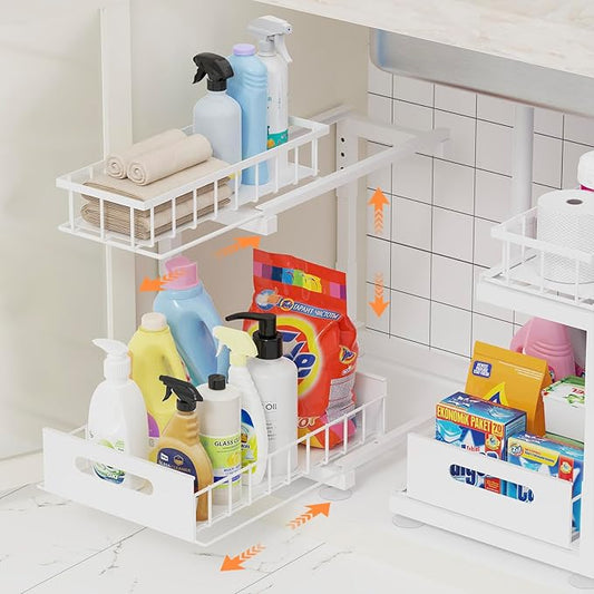 2 Pack Under Sink Organizer, 2-Tier Heavy Duty Metal Pull Out Cabinet Organizer Slide Out Sink Shelf Organizer Height Adustable, Multi-Purpose Storage Shelf for Kitchen Bathroom (White, 2 Pack)