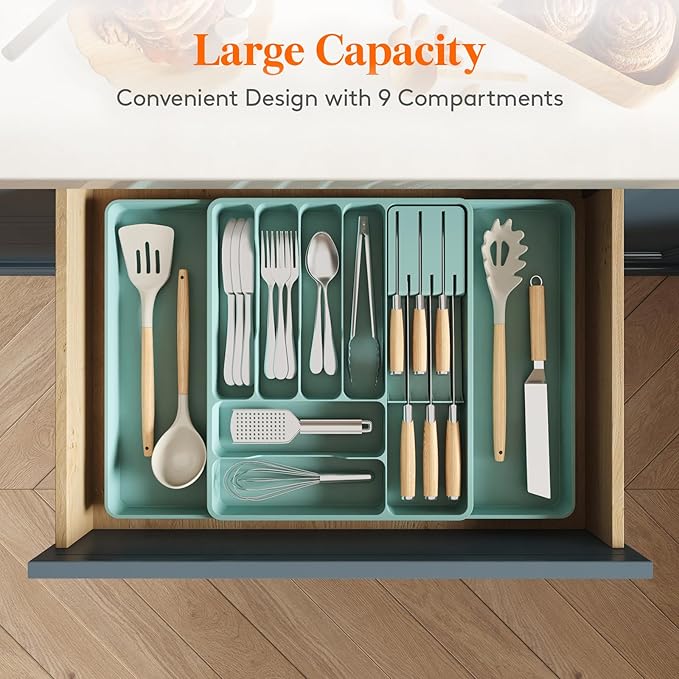 Lifewit Silverware Organizer for Kitchen Drawer, Expandable Utensil Tray with Removable Knife Block, Adjustable Cutlery Flatware Holder, Plastic Spoon Forks Holder Storage Divider, Large, Turquoise