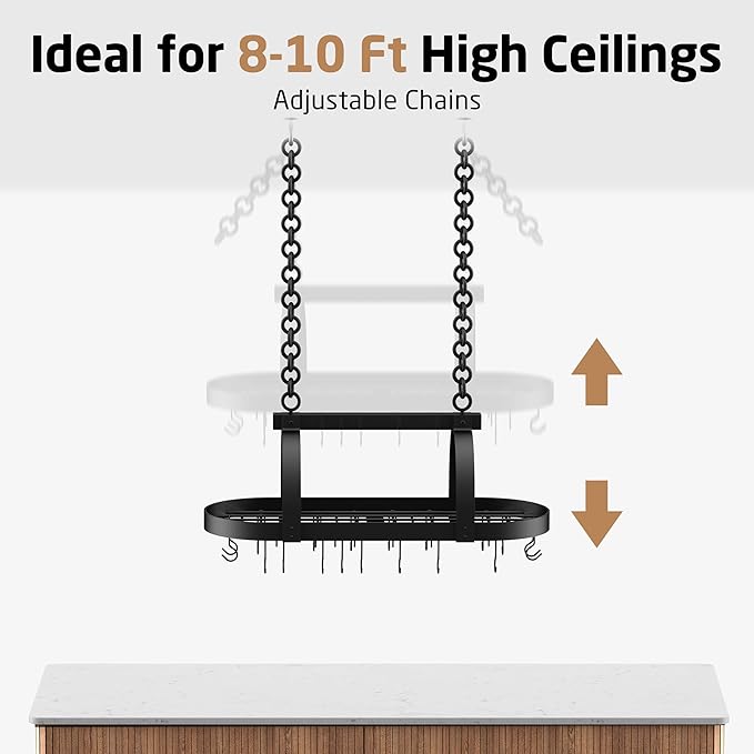 KES 48 Inch Large Hanging Pot Rack, Heavy Duty Oval Pot and Pan Hanging Rack Ceiling Mount, Pot Pan Hangers for Kitchen with 20 Hooks, Matte Black, (For 16" and 24" Stud Mount), KUR225S122-BK