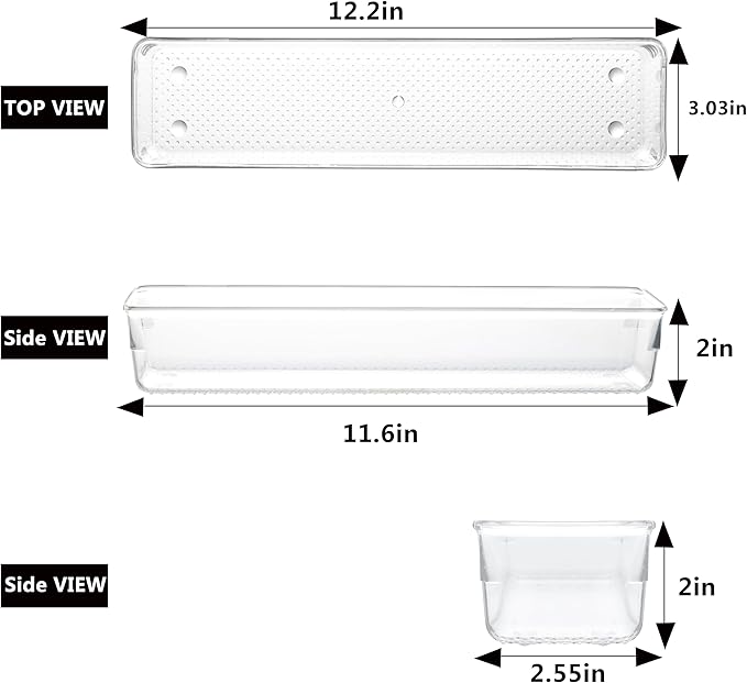 ihomecooker 6 Set Clear Plastic Junk Drawer Organizer Vanity Curlery Utensil Makeups Organizer for Kitchen 12'' X 3''