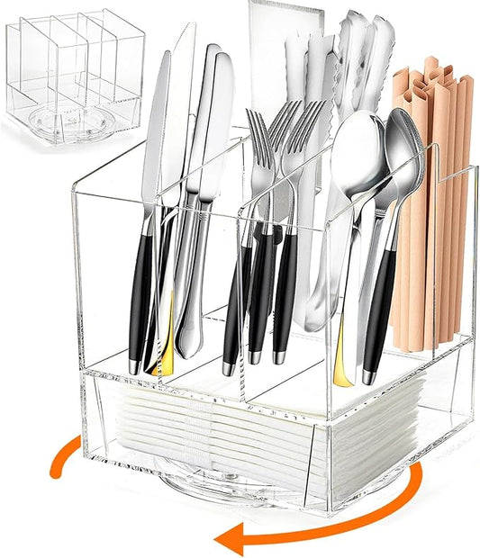 Swivel Utensil Holder, Acrylic Rotating Silverware Caddy Holder for Party, Countertop Flatware Caddy Cutlery Holder for Kitchen, Clear Napkin Holder Table Organizer Holds Fork, Spoon, Knife