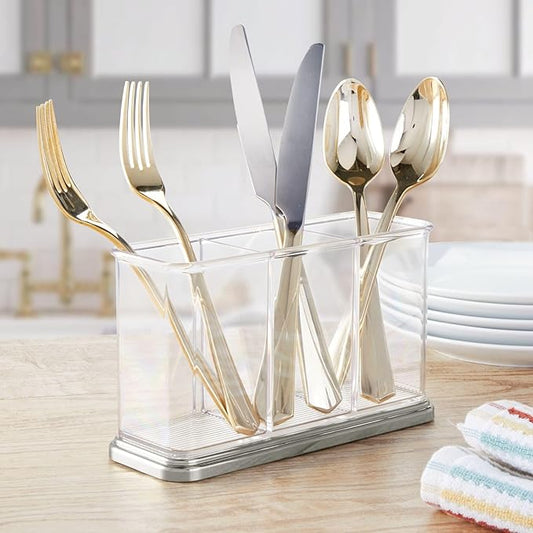 mDesign Plastic Cutlery Utensil Holder Storage Organizer Caddy for Kitchen Countertop Organization - Holds Fork, Knife, Spoon, Silverware - 3 Divided Sections - Hyde Collection - Clear/Brushed