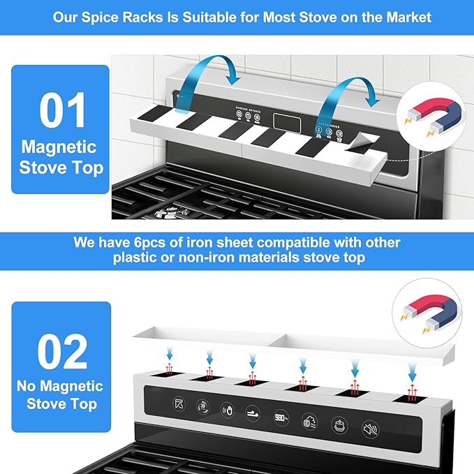 30" Magnetic Stove Top Shelf Spice Rack,2 Pack 15" Kitchen Seasoning Organizers Storage Gadgets Spice Rack Over The Stove Shelf Metal, Only for Flat Top Stove(White)