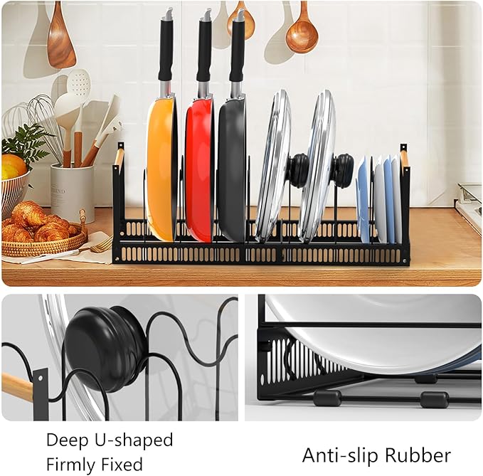 2024 Pots and Pans Organizer Under Cabinet Wood Handle, Expandable Pot Lid Organizer Pot Racks for Cabinet Pot Lid Holders 7 Adjustable Dividers for Pot, Bakeware, Cutting Board, Lid, Dishes