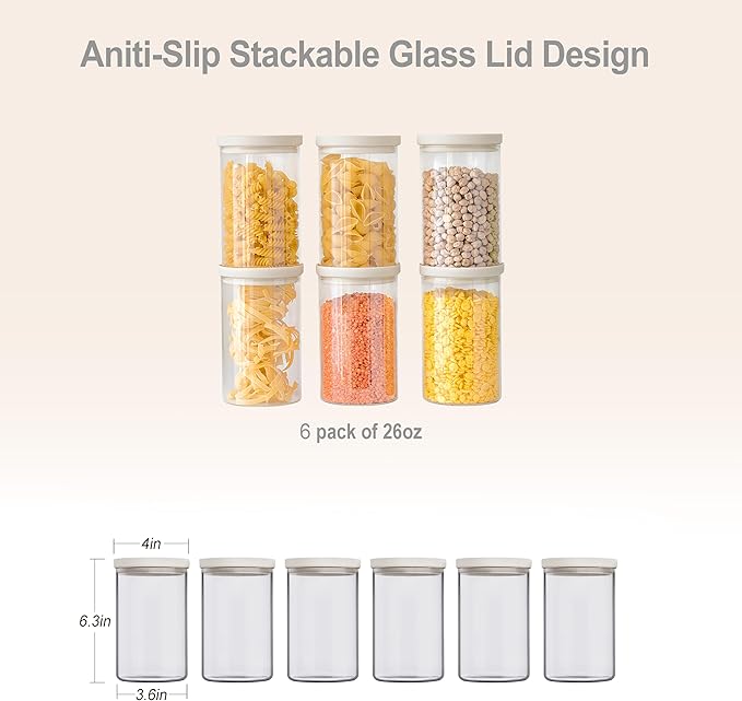 Glass Food Storage Jar with Glass Lid, Food Canister Set with Airtight Lids, Glass Pantry Jar for Kitchen Organization. Food Storage Container Set in 6 pack of 26oz