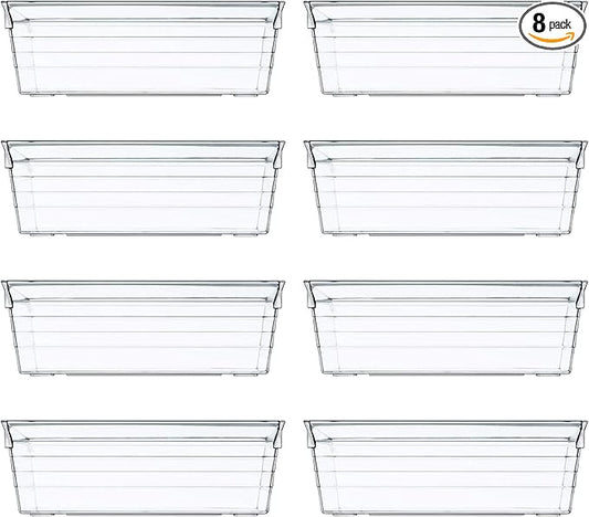 Backerysupply Clear Plastic Drawer Organizer Tray for Vanity Cabinet (6"×3"×2" Set of 8) Storage Tray for Makeup, Kitchen Jewelries and Gadgets