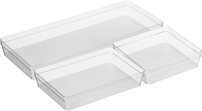 Oggi Set of 3 Clear Drawer Organizers - (1) 6x6.25, (1) 6.25x9.25, (1) 6.25x15.75 - Ideal for Organizing Kitchen Drawers, Office, Desk, Silverware, Kitchen Utensils, Cosmetics and Bathrooms