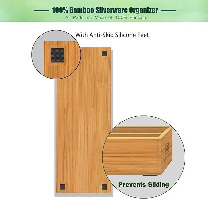 Bamboo Silverware Drawer Organizer, Kitchen Small Silverware Organizer, Utensil Tray Holder, Cutlery Tray for Spoons, Forks, Knives, Suitable for a family of 2-4