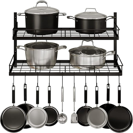 2 Tiers Hanging Pot Rack Wall Mounted, Large Weight Capacity Pots and Pans Hanging Rack with 10 Hooks for KItchen Organizer Storage(Heavy Duty)