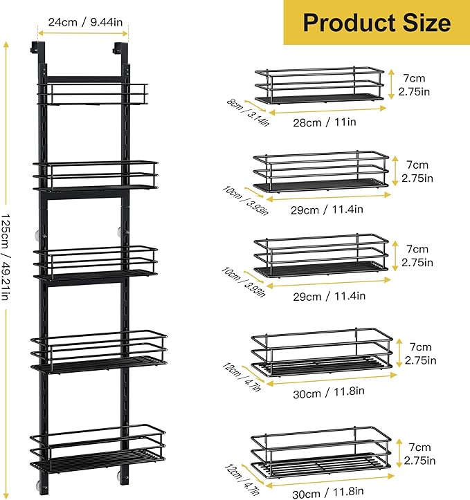 Pantry Door Organizer 12 Inch Wide, 5 Tier Hanging Adjustable Over the Door Spice Rack For Narrow Space
