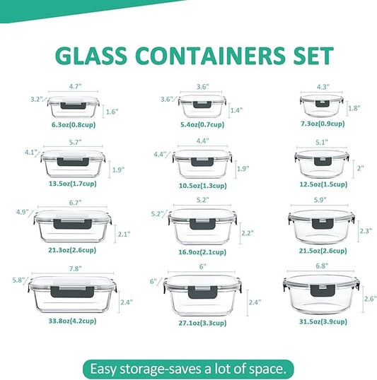 24 Pieces Glass Food Storage Containers Set,Glass Meal Prep Containers-Stackable Airtight Glass Storage Containers with lids,Freezer, Microwave, Oven Safe,Gray