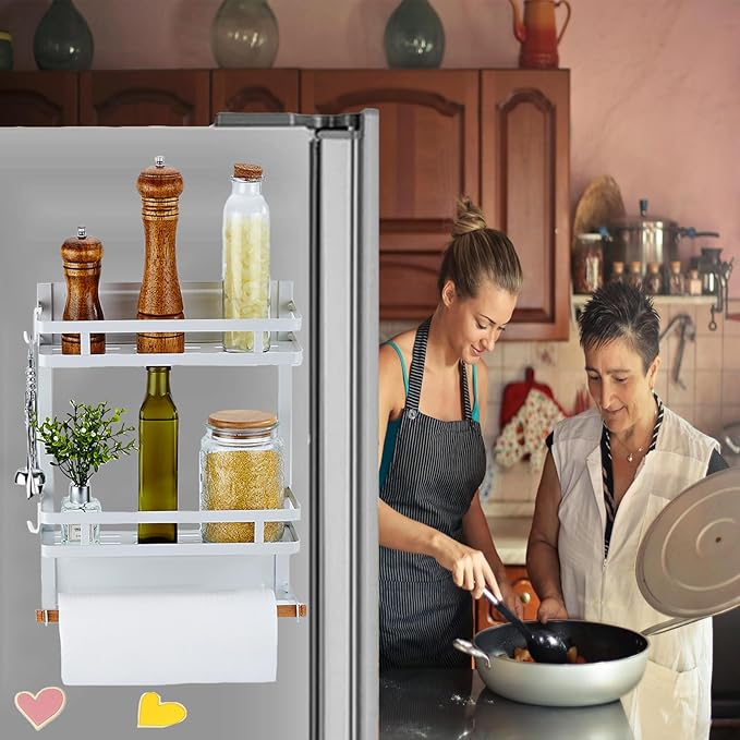 Magnetic Spice Rack for Refrigerator, Moveable Magnetic Paper Towel Holder Metal Fridge Organizer 8 Hooks for Kitchen Space Saving (White)
