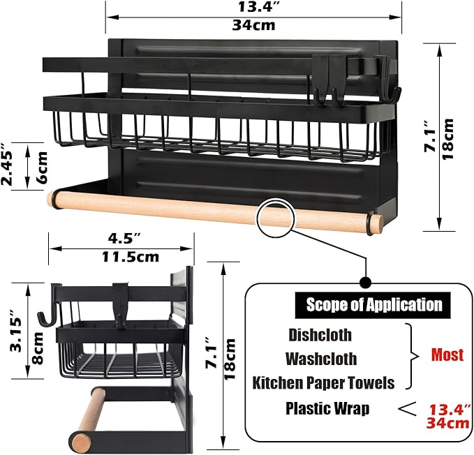 Sleclean Magnetic Spice Rack for Refrigerator Magnetic Paper Towel Holder Shelf Fridge Magnet Organizer Spice Rack Organizer Kitchen Organization Kitchen Storage,Black