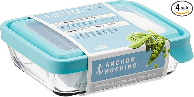Anchor Hocking TrueSeal Glass Food Storage Containers with Mineral Blue Airtight Lids, 6 Cup Capacity (48 Oz), Rectangle, Pack of 4