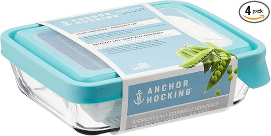 Anchor Hocking TrueSeal Glass Food Storage Containers with Mineral Blue Airtight Lids, 6 Cup Capacity (48 Oz), Rectangle, Pack of 4