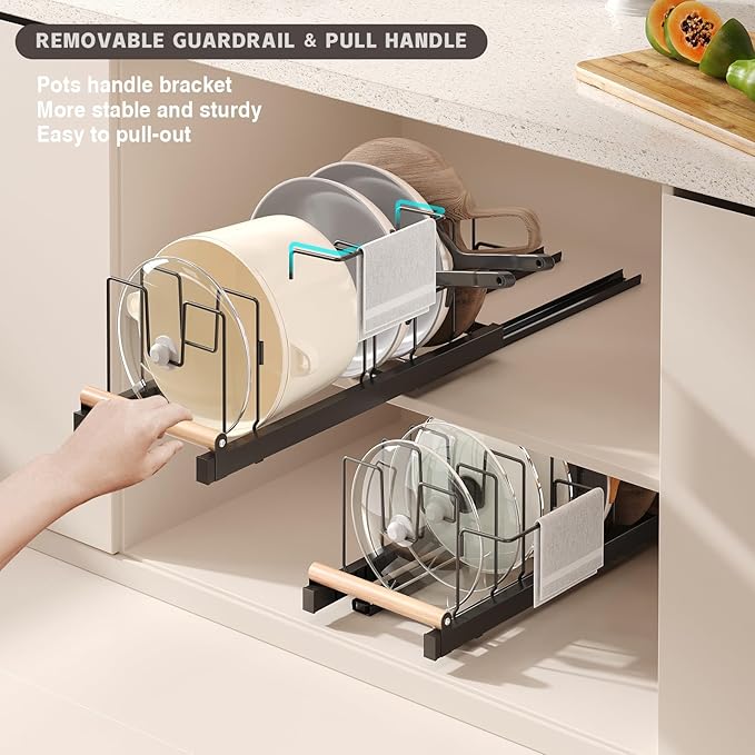 2 Pack Pull Out Pots and Pans Organizer Under Cabinet, 22" Deep Expandable Pot Lid Organizer and Storage with 10 Adjustable Dividers Adhesive Pot and Pan Holder Rack with Handle Bracket(Black)