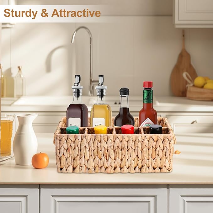 Wicker Party Silverware Caddy, Water Hyacinth Plastic Cutlery Utensil Holder, Hand Woven with Handles, Kitchen Countertop and Picnic flatware Organizer (5 compartments)