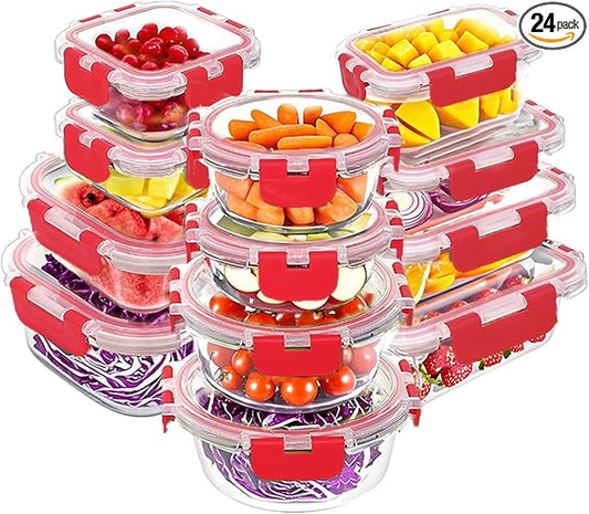 VERONES 24 Pieces Glass Food Storage Containers Set, Airtight Glass Lunch Containers, Glass Meal Prep Containers with Lids,Exclusive of BPA, for Microwave, Oven, Freezer & Dishwasher Friendly,Red