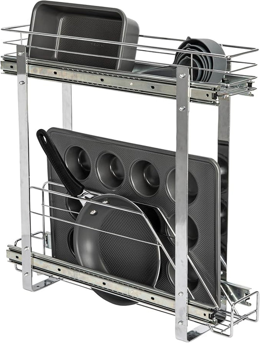 Household Essentials Glidez Multipurpose Chrome-Plated Steel Pull-Out/Slide-Out Storage Organizer for Cookware and Bakeware - 2-Tier Design - Fits Standard Size Cabinet or Shelf, Chrome