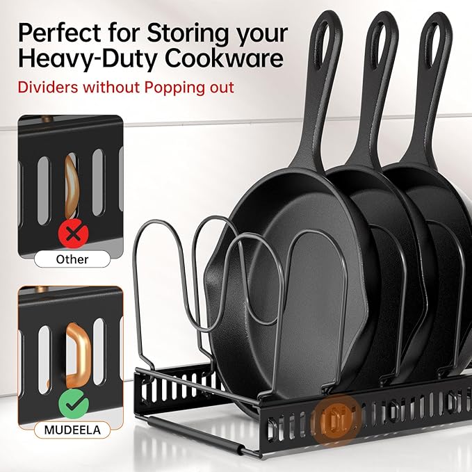 MUDEELA Expandable Pots and Pans Organizer Rack under Cabinet, Pots Lid Organizer Rack for Kitchen Cabinet Organizers and Storage with 12 Adjustable Dividers and Anti-scratch Strip