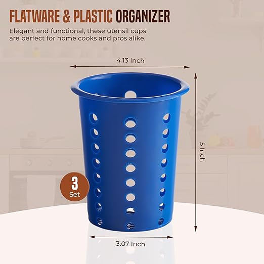 OCS Parts Perforated Utensil Drying Cups | Blue | Set of 3 | Plastic Flatware Holder Cylinders for Kitchen Counter Organization