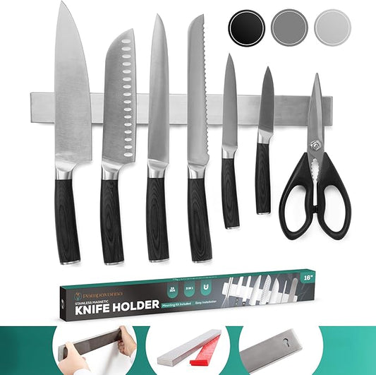 Silver Magnetic Knife Holder 16 Inch Strong Adhesive, Magnetic Strip for Fridge or Wall, No Drill Stainless Steel Knife Rack Organizer