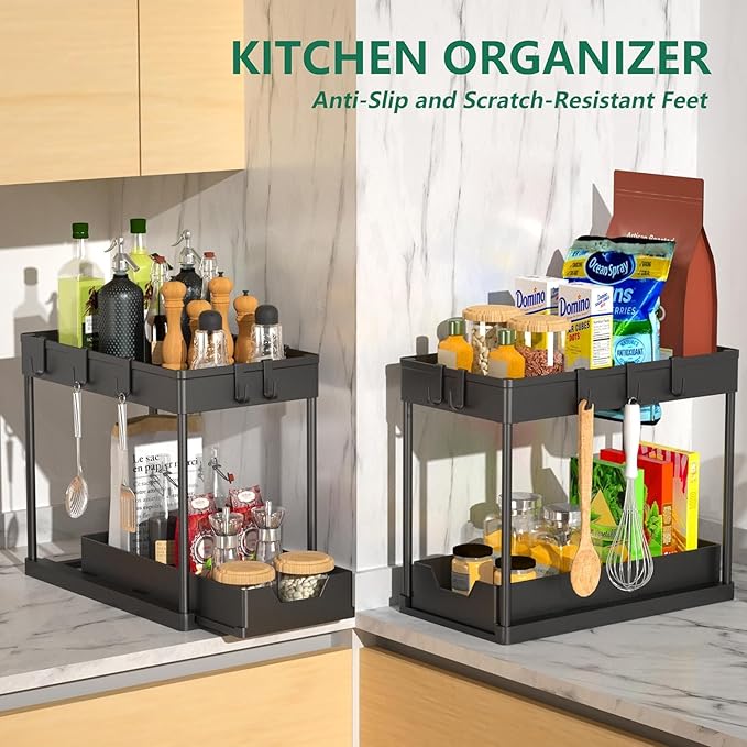 mosala Under Sink Organizers and Storage 2 Pack - 2 Tier Sliding Bathroom Cabinet Organizer with Hooks - Multi-Purpose Under The Sink Organizer Kitchen - Black
