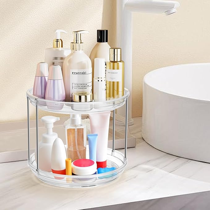 2-Tier Lazy Susan Turntable Organizer, 9.2'' Spice Rack for Cabinet, Rotating Medicine Cabinet for Condiment, Pill Bottle, Kitchen Pantry, Countertop, Bathroom, Makeup