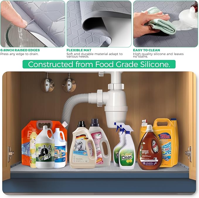 TRZZ Silicone Waterproof Under Sink Mat 28" x 19", Drip Tray and Cabinet Liner for Kitchen and Bathroom, Prevents Water Damage and Organizes Cabinets (Grey)