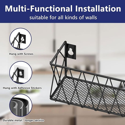 Hanging Spice Rack Wall Mount 4 Pack, Seasoning Rack Organizer Adhesive Spice Shelf Easy to Install, Kitchen Organization Cabinet Stand Space Saver, Metal, Black