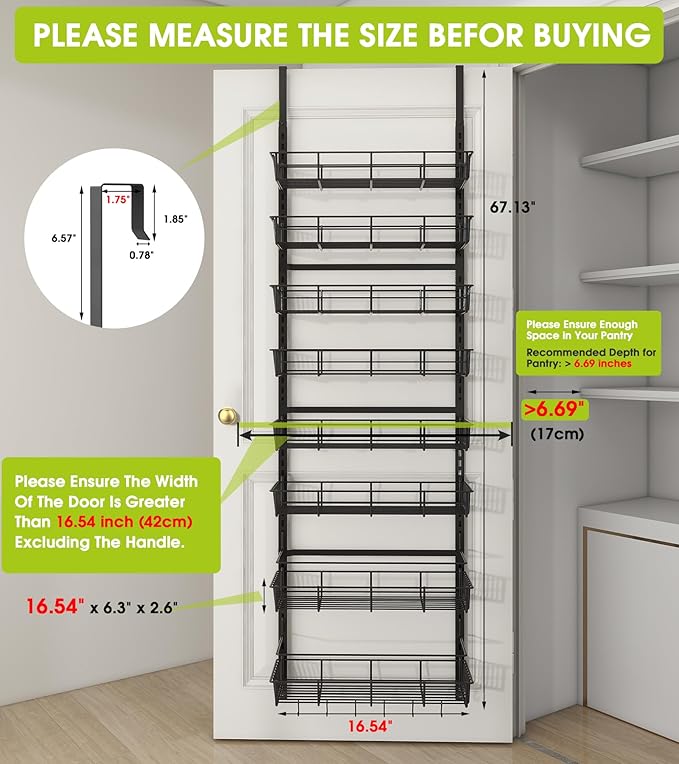Over The Door Pantry Organizer, Wall Mount Spice Rack, Pantry Hanging Storage and Organization, 8 Adjustable Baskets Heavy-Duty Metal for Home & Kitchen, Back of Door Seasoning Rack - Black