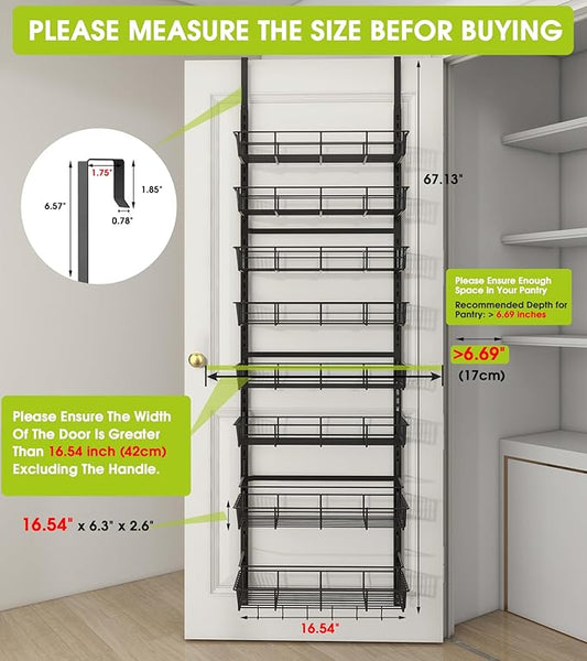 Over The Door Pantry Organizer, Wall Mount Spice Rack, Pantry Hanging Storage and Organization, 8 Adjustable Baskets Heavy-Duty Metal for Home & Kitchen, Back of Door Seasoning Rack - Black