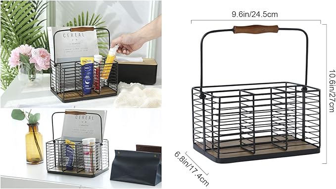 VANRA Utensil Holder Kitchen Condiment Organizer Utensil Caddy Storage Basket Organizer Metal Flatware Caddy with Wood Handle, Black