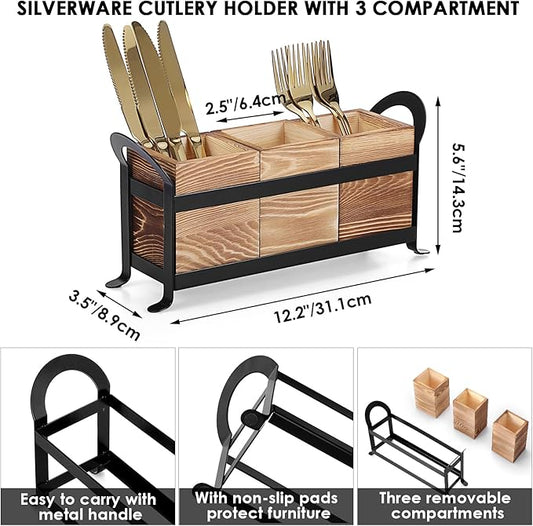 Wooden Utensil Caddy, Farmhouse Kitchen Silverware Holder with 3 Compartment, Flatware Organizer with Black Portable Metal Tray, Utensil Cutlery Organizer for Forks Spoons Knives, Wood